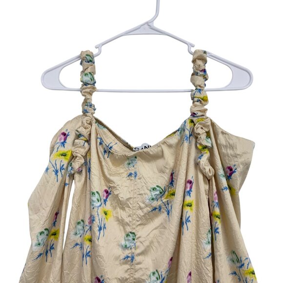 Ganni Floral Crinkled Satin Off-Shoulder Slit Maxi Dress Bell Sleeves Size 36 - Picture 16 of 16